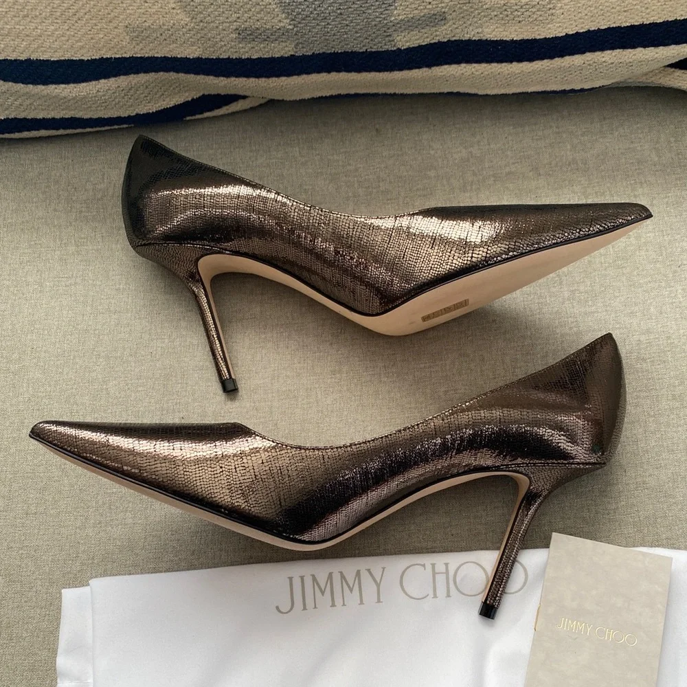 Jimmy Choo Metallic Bronze Pointed-Toe Stiletto Pumps - Picture 3 of 12